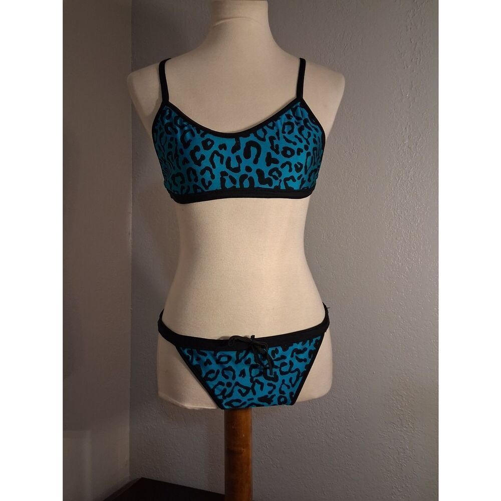 Dolfin Teal Leopard Print Bralette & Bikini Set with Black Trim